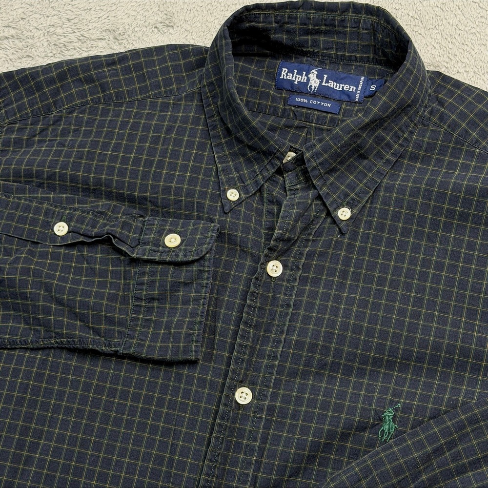 Ralph Lauren Mens Small Blue Green Plaid Cotton Button Down Shirt Long Sleeve